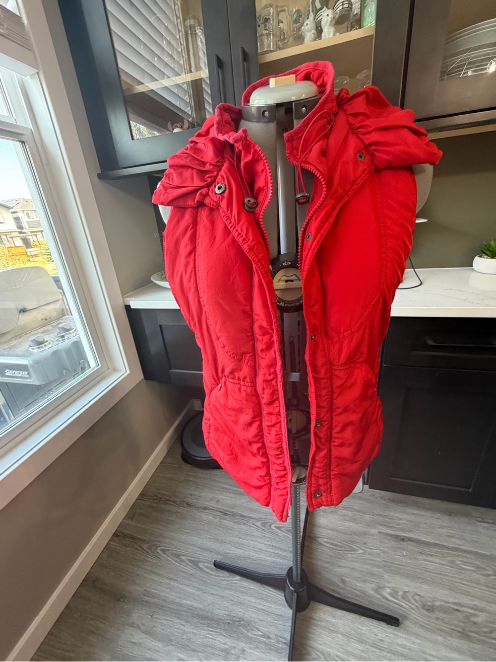 Red Quilted Hooded Frilly Puffer Vest